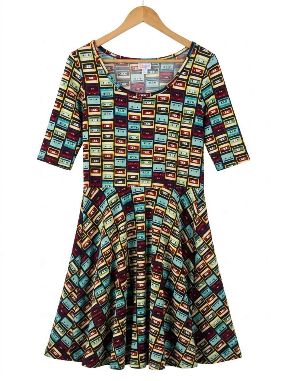 LuLaRoe Nicole Fit & Flare Cassette Tape Print Dress Extra Large XL Retro 80s
